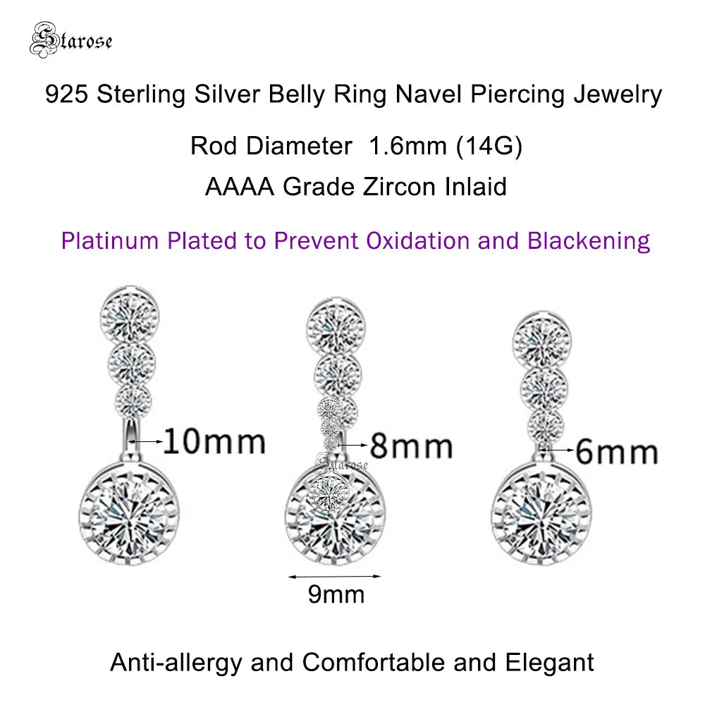 Starose Top 925 Sterling Silver Navel Piercing 14G Belly Piercing Jewelry Belly Button Rings Zircon Drop Dangle Navel Bar Women