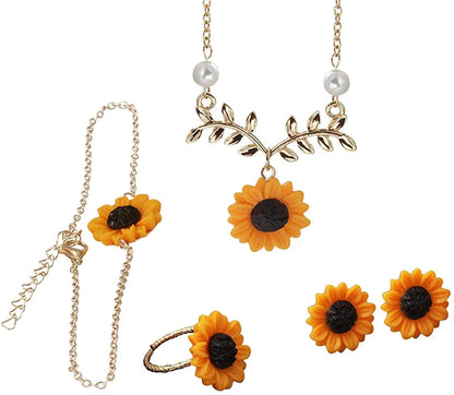 Generic 5PCS Sunflower Faux Pearl Leaf Chain Resin Boho Pendant Necklace with Sunflower Bracelet Earrings Ring for Women Jewelry Accessories