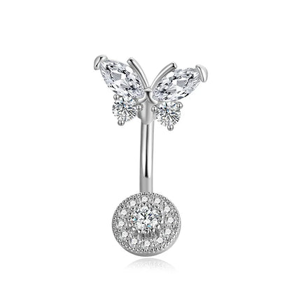 Sterling Silver Belly Button Ring Heart Cubic Upper Butterfly and Lower Circle Diamond Navel Belly Piercing Jewelry