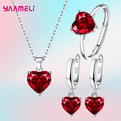 Fine 925 Sterling Silver Color Jewelry Gift Sets for Women Female Romantic Heart Zircon Huggie Earrings Pendant Necklace Ring