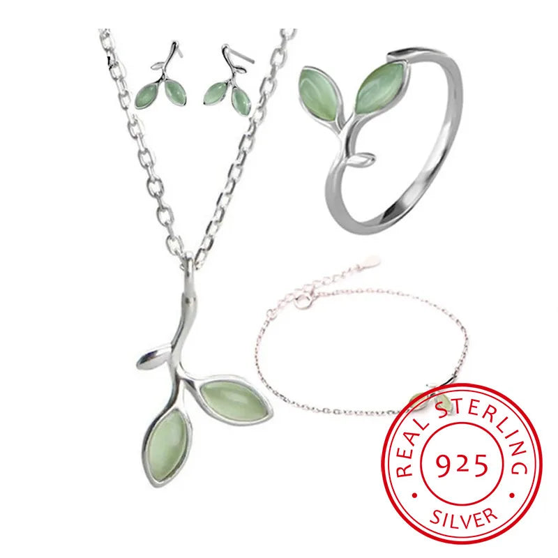 Sterling Silver Jewelry Sets Opal Leaf Bud Necklace+Earrings+Ring+Bracelet For Women Summer Jewelry Gift