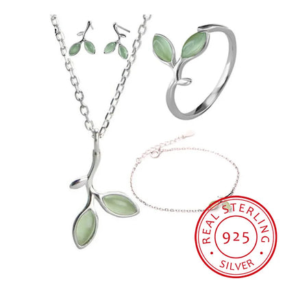 Sterling Silver Jewelry Sets Opal Leaf Bud Necklace+Earrings+Ring+Bracelet For Women Summer Jewelry Gift