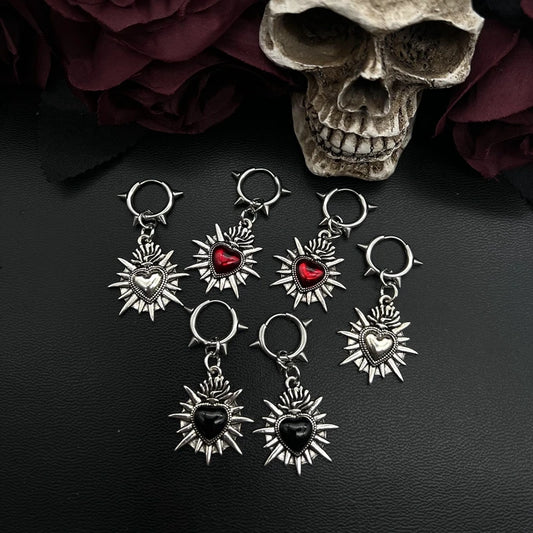 Flaming Sacred Heart Earrings | Spike Stainless Steel Earrings Hoops| Grunge | Goth | Alternative Jewelry | Sacred Heart Jewelry