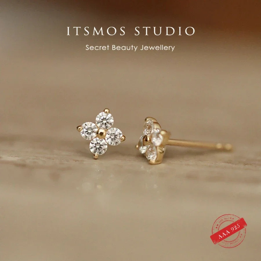 18K Gold-Plated 925 Sterling Silver Flower Stud Zircon Piercing Earrings for Women Exquisite Wedding Party Jewelry