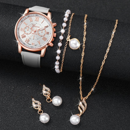 5PCS/Set Women's Watch Fashion Roma Dial Leather Band Quartz Watches Pearls Jewelry Set(Without Box)