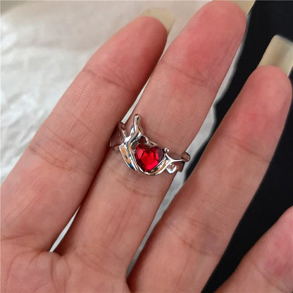 Goth Punk Retro Red Crystal Love Heart Cross Geometry Irregular Open Ring Set Y2K Halloween Accessories For Women Kpop Jewelry