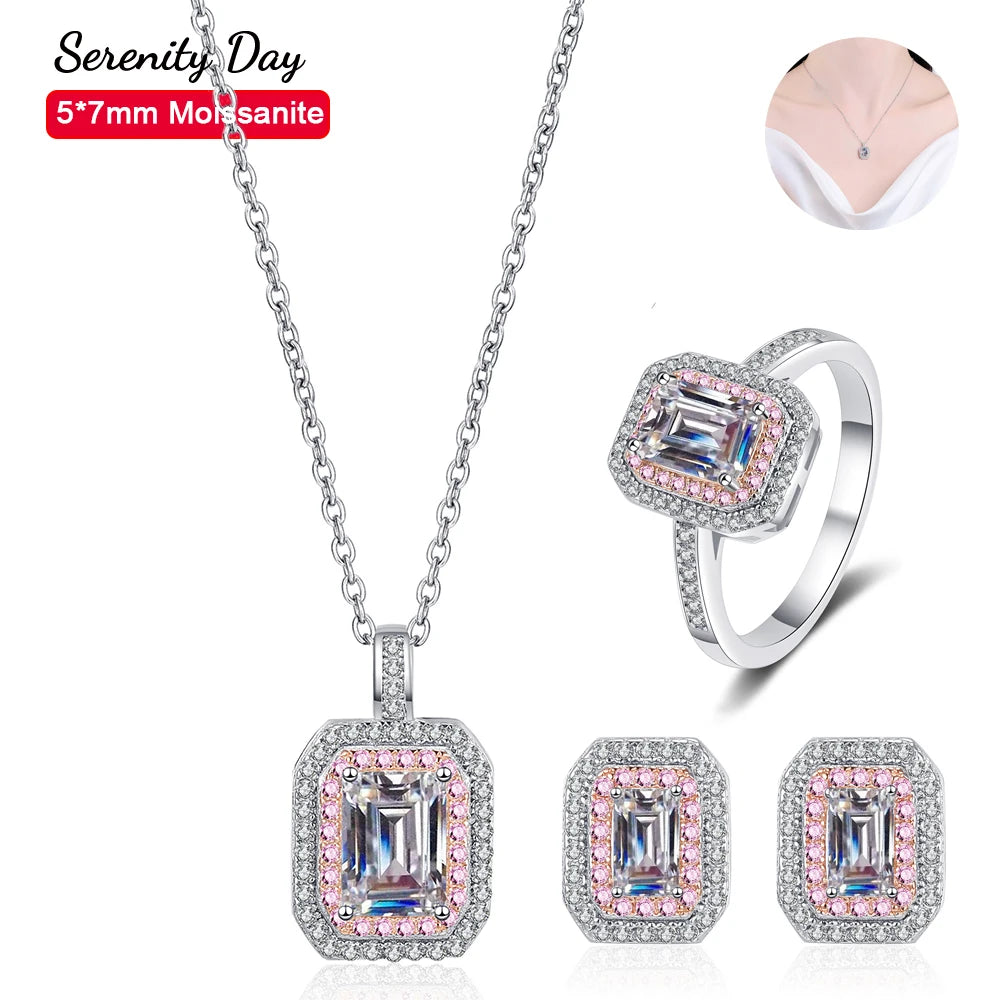 Serenity Day Real D Color 5*7mm Emerald Cutting Moissanite Necklace Ring Earring Set For Women S925 Sterling Silver Fine Jewelry