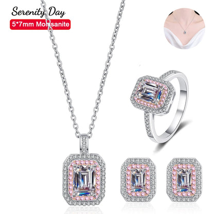 Serenity Day Real D Color 5*7mm Emerald Cutting Moissanite Necklace Ring Earring Set For Women S925 Sterling Silver Fine Jewelry