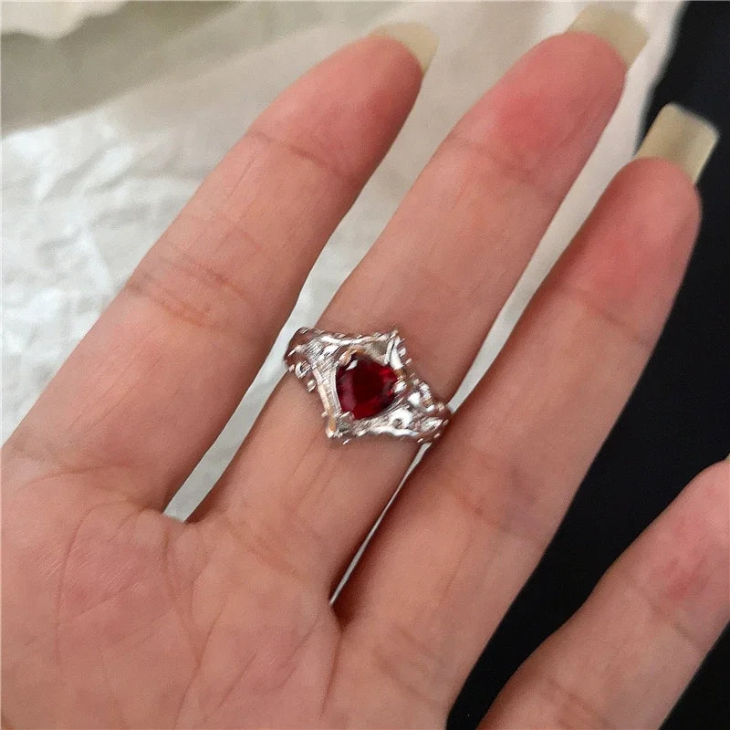 Goth Punk Retro Red Crystal Love Heart Cross Geometry Irregular Open Ring Set Y2K Halloween Accessories For Women Kpop Jewelry