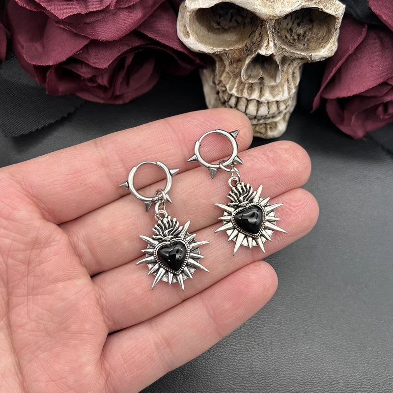 Flaming Sacred Heart Earrings | Spike Stainless Steel Earrings Hoops| Grunge | Goth | Alternative Jewelry | Sacred Heart Jewelry