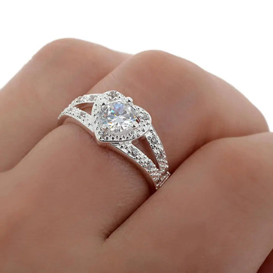 925 Sterling Silver Crystal Love Heart Shaped Ring Bridal Wedding Jewelry