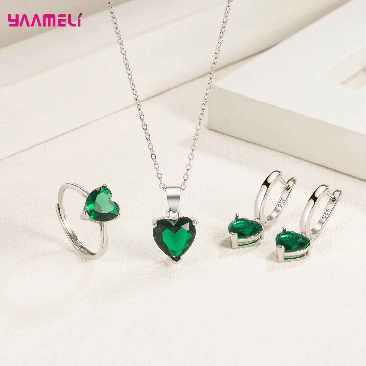 Fine 925 Sterling Silver Color Jewelry Gift Sets for Women Female Romantic Heart Zircon Huggie Earrings Pendant Necklace Ring