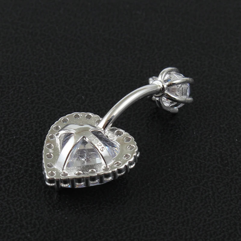 Real 925 sterling silver belly button ring women fine jewelry heart body piercing jewelry S925 6 8 10 mm navel bar zircon stones