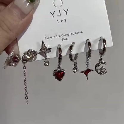 Goth Trendy Red Crystal Star Earring Set For Women Men Vintage Aesthetic Heart Pentagram Pendant Earring Y2K Jewelry Accessories