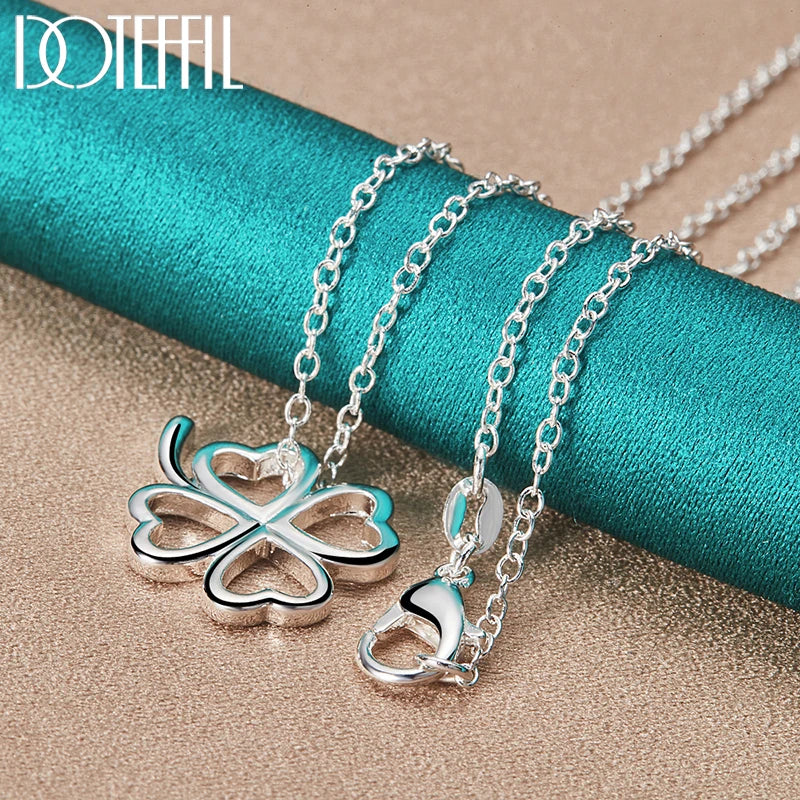 3pcs 925 Sterling Silver Four-leafed Clover Necklace Bracelet Earring Set For Woman Wedding Engagement Fashion Jewelry