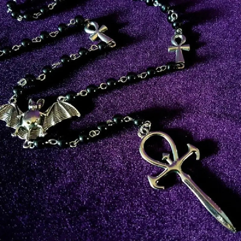 Vampire Ankh Rosary Occult Vamp Bead Necklace Goth Punk Bat Cross Pendant Necklace Handmade Beaded Egyptian Tradgoth Jewelry