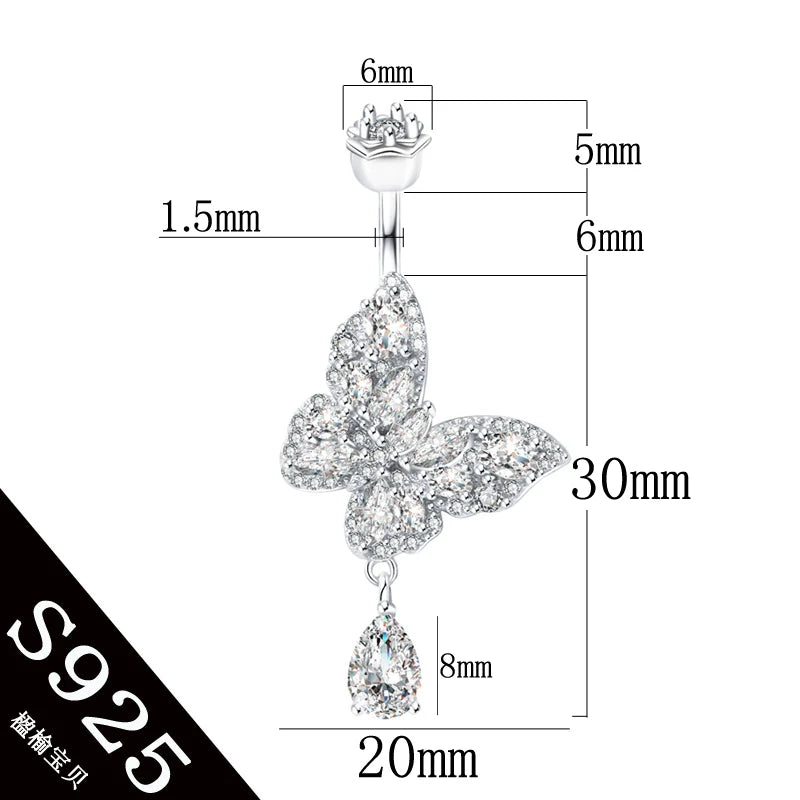 Belly button ring  Butterfly dangle water drop shape Prong Zircon clear real 925 sterling silver Insect Fine jewelry