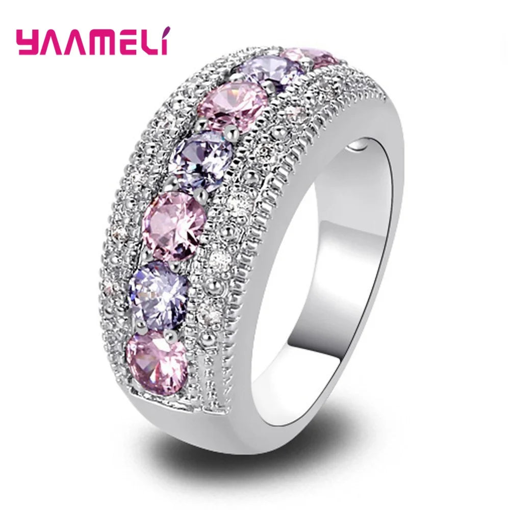 Luxury Pink/Purple Cubic Zircon Wedding Ring 925 Sterling Silver Plated Jewelry for Women Men Wedding Engagement Accessories