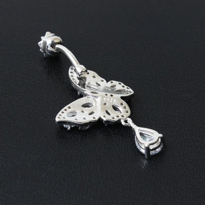 Belly button ring  Butterfly dangle water drop shape Prong Zircon clear real 925 sterling silver Insect Fine jewelry