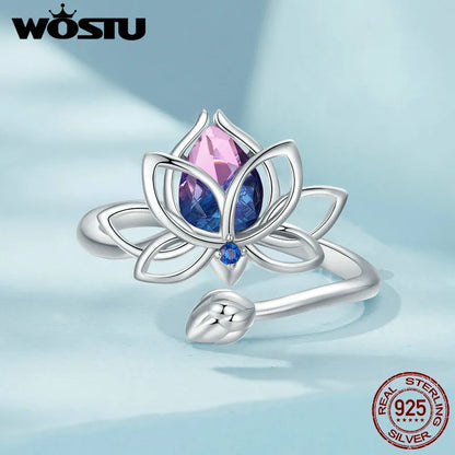 925 Sterling Silver Bi Color Lotus Flower Ring For Women Drop Purple pink Crystal Opening Rings Wedding Party Jewelry Gift