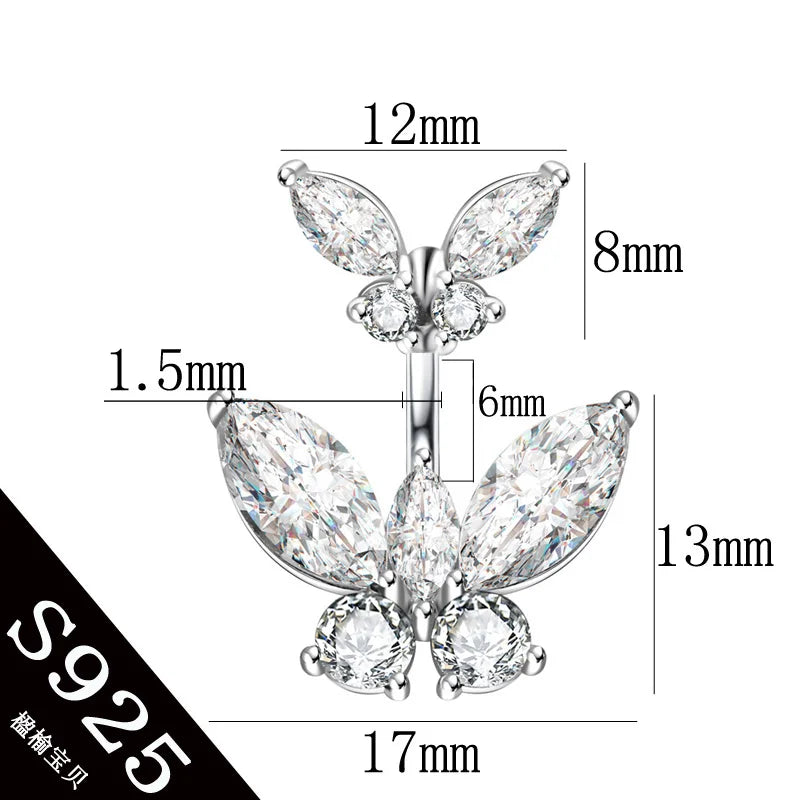 Body jewelry Butterfly real 925 sterling silver Belly button ring pin length 6mm 8mm 10mm Piercing fine jewelry free shipping