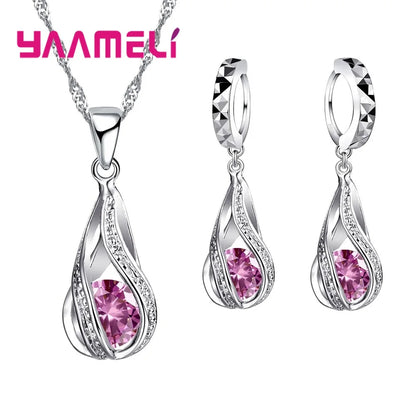 Water Drop CZ 925 Sterling Silver Plated Jewelry Set For Women Pendant Necklace Hoop Earrings Wedding Party Ceremoey Anel