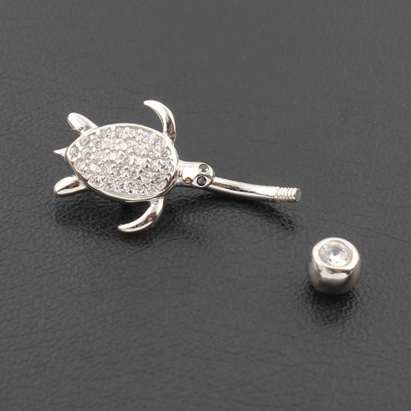 Belly button ring women 925 sterling silver tortoise no allergic 6 8 10 mm pin length setting zircon clear stones body jewelry