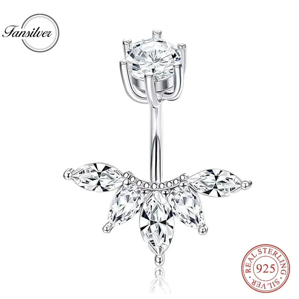 Fansilver S925 Sterling Silver Belly Button Rings for Women Navel Flower CZ Bar Body Jewelry Piercing for Summer