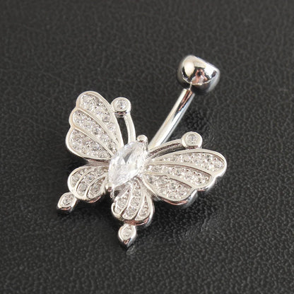 Butterfly Belly Button Ring 925 Sterling Silver Whole Navel Umbilical Bar Clear Zirocn Stones Body Piercing Fine Jewelry