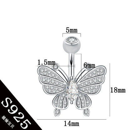 Butterfly Belly Button Ring 925 Sterling Silver Whole Navel Umbilical Bar Clear Zirocn Stones Body Piercing Fine Jewelry