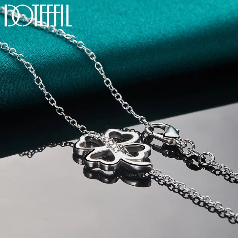 3pcs 925 Sterling Silver Four-leafed Clover Necklace Bracelet Earring Set For Woman Wedding Engagement Fashion Jewelry