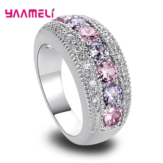 Luxury Pink/Purple Cubic Zircon Wedding Ring 925 Sterling Silver Plated Jewelry for Women Men Wedding Engagement Accessories