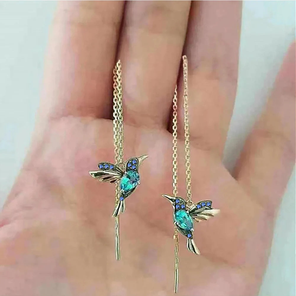 Gold Color Metal Hummingbird Red CZ Long Earrings For Women Green Stone Red CZ Wing Spreading Drop Earring Wedding Party Jewelry