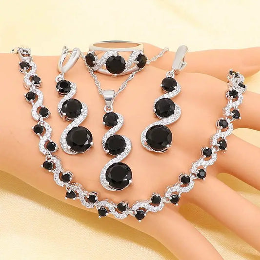 Silver Wedding Jewelry Sets For Women Flower Shape Black Zircon Bracelet Earrings Necklace Pendant Ring Gift Box