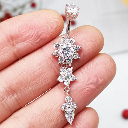 New Arrived 925 Sterling Silver Belly Button Ring Bar Barbell Flower Shape CZ Navel Piercing Jewelry