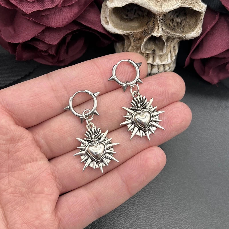 Flaming Sacred Heart Earrings | Spike Stainless Steel Earrings Hoops| Grunge | Goth | Alternative Jewelry | Sacred Heart Jewelry