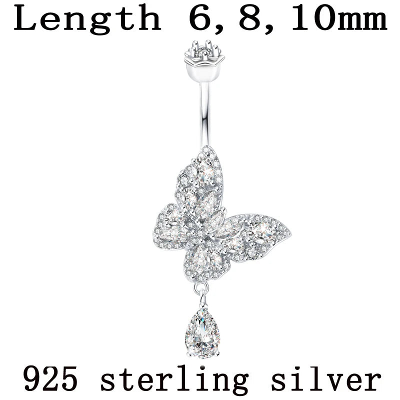 Belly button ring  Butterfly dangle water drop shape Prong Zircon clear real 925 sterling silver Insect Fine jewelry