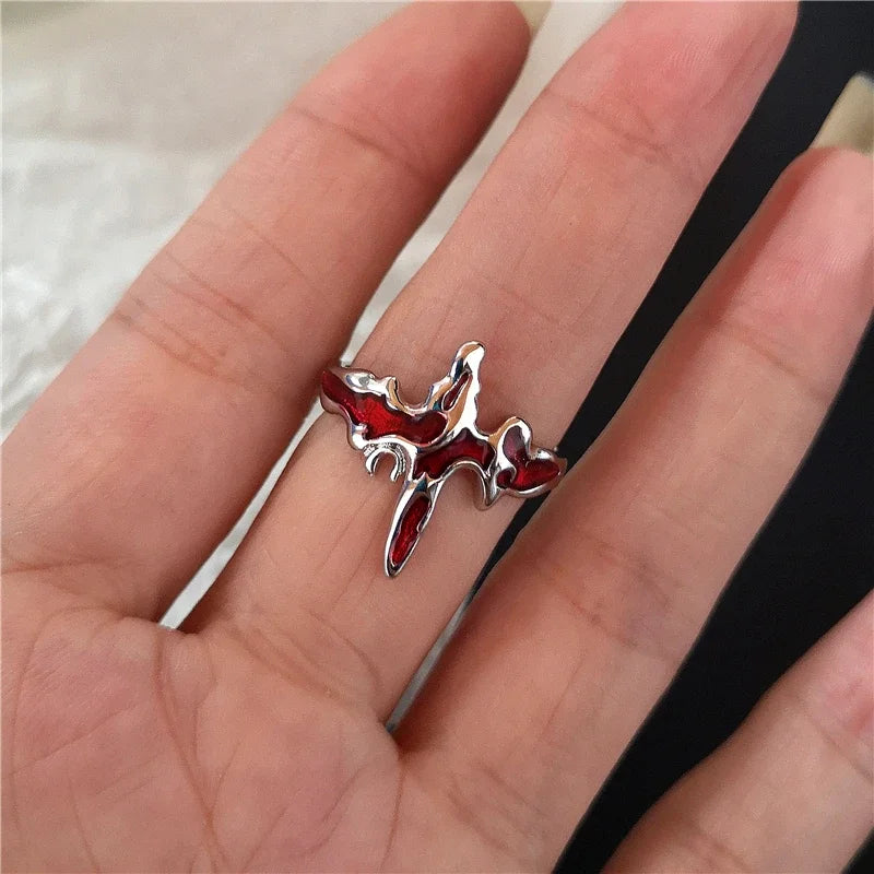 Goth Punk Retro Red Crystal Love Heart Cross Geometry Irregular Open Ring Set Y2K Halloween Accessories For Women Kpop Jewelry