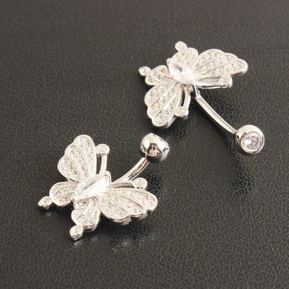 Butterfly Belly Button Ring 925 Sterling Silver Whole Navel Umbilical Bar Clear Zirocn Stones Body Piercing Fine Jewelry