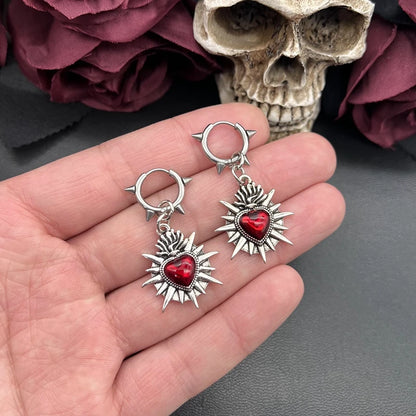 Flaming Sacred Heart Earrings | Spike Stainless Steel Earrings Hoops| Grunge | Goth | Alternative Jewelry | Sacred Heart Jewelry