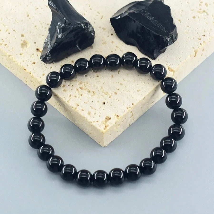 Nature Onyx Bracelet With Stone for Men Natural-Stone Shiny Black Obisidian Handmade-Bracelet Yoga Meditation Jewelry