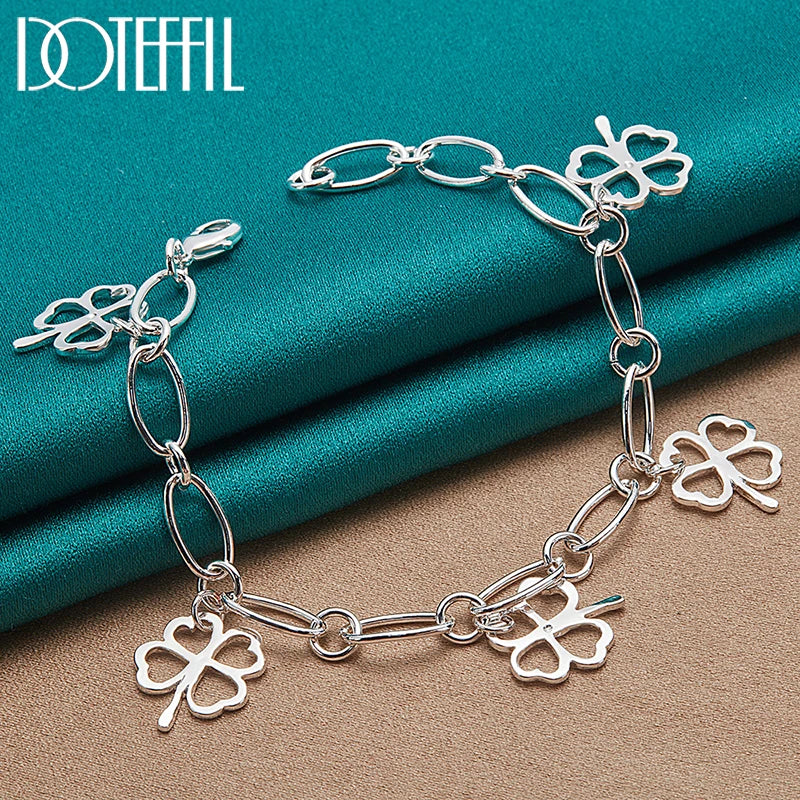 3pcs 925 Sterling Silver Four-leafed Clover Necklace Bracelet Earring Set For Woman Wedding Engagement Fashion Jewelry