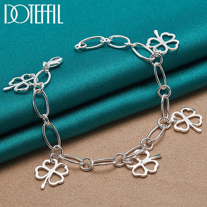 3pcs 925 Sterling Silver Four-leafed Clover Necklace Bracelet Earring Set For Woman Wedding Engagement Fashion Jewelry