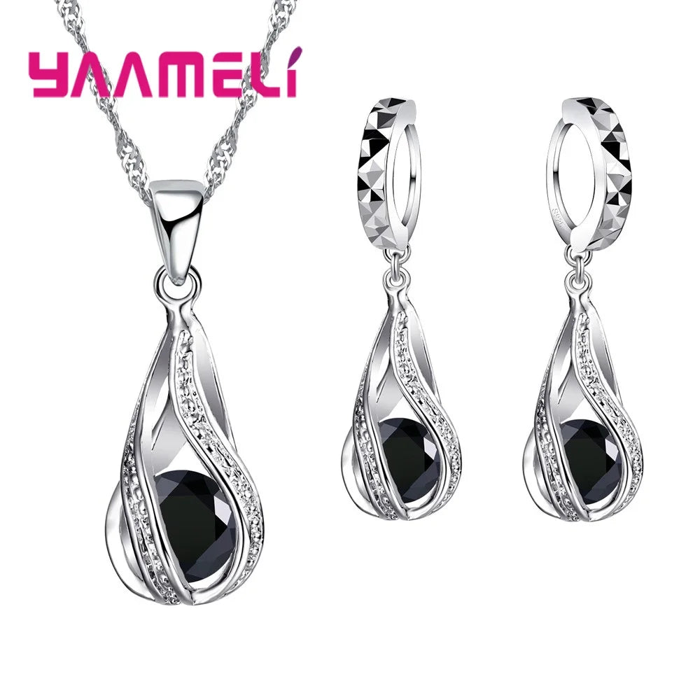 Water Drop CZ 925 Sterling Silver Plated Jewelry Set For Women Pendant Necklace Hoop Earrings Wedding Party Ceremoey Anel