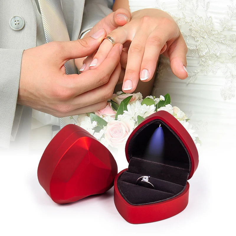 Heart Square Shaped LED Light Ring Box Velvet Jewelry Display Gift Storage Case Wedding Engagement Proposal Anniversary Boxes