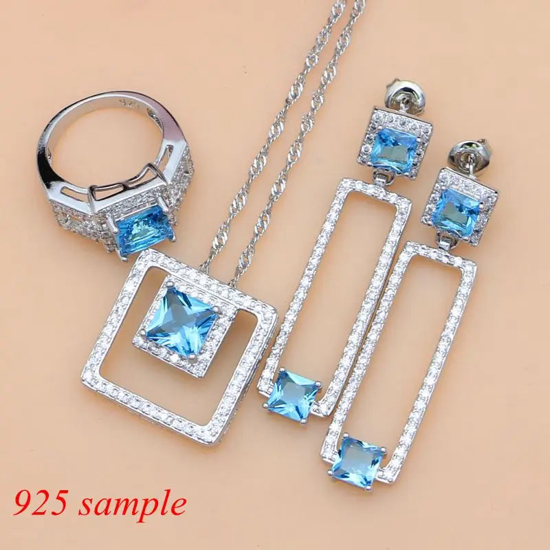 925 Silver Birdal Dubai Jewelry Sets Hyperbole Blue Zircon Stone For Women Party Earrings/Pendant/Necklace/Rings