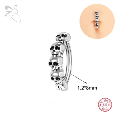 ZS 1 PC Skull Navel Piercing 925 Sterling Silver Reverse Curved Belly Button Rings for Men Punk Rock Clicker Navel Rings 14/16G