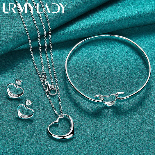 925 Sterling Silver Love Heart Necklace Earrings Bangle Sets For Women Wedding Party Fashion Charm Jewelry Gift