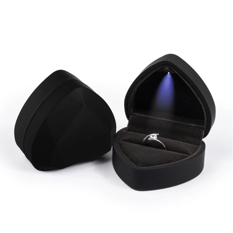 Heart Square Shaped LED Light Ring Box Velvet Jewelry Display Gift Storage Case Wedding Engagement Proposal Anniversary Boxes