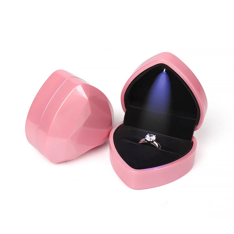 Heart Square Shaped LED Light Ring Box Velvet Jewelry Display Gift Storage Case Wedding Engagement Proposal Anniversary Boxes